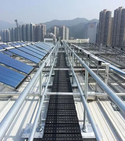guardrail and walkway for metal roof with solar panels | fall protection for roofs with solar panels